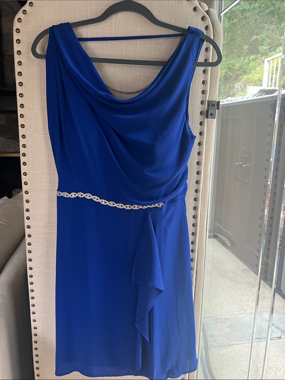 Cobalt Blue Sleeveless Draped Evening Dress with Rhinestone Waist